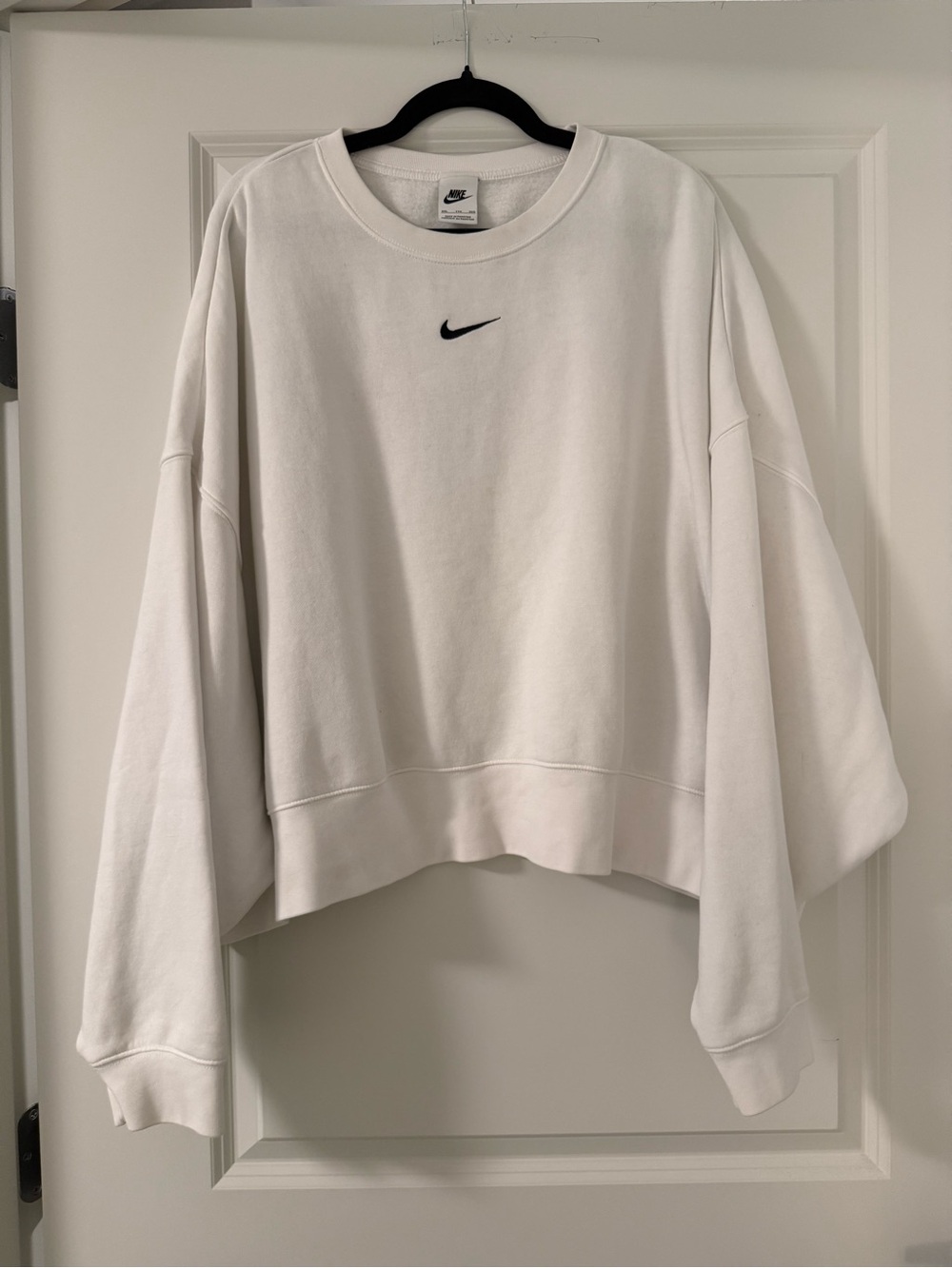 Nike Women's White Oversized Cropped Sweatshirt with Black Swoosh